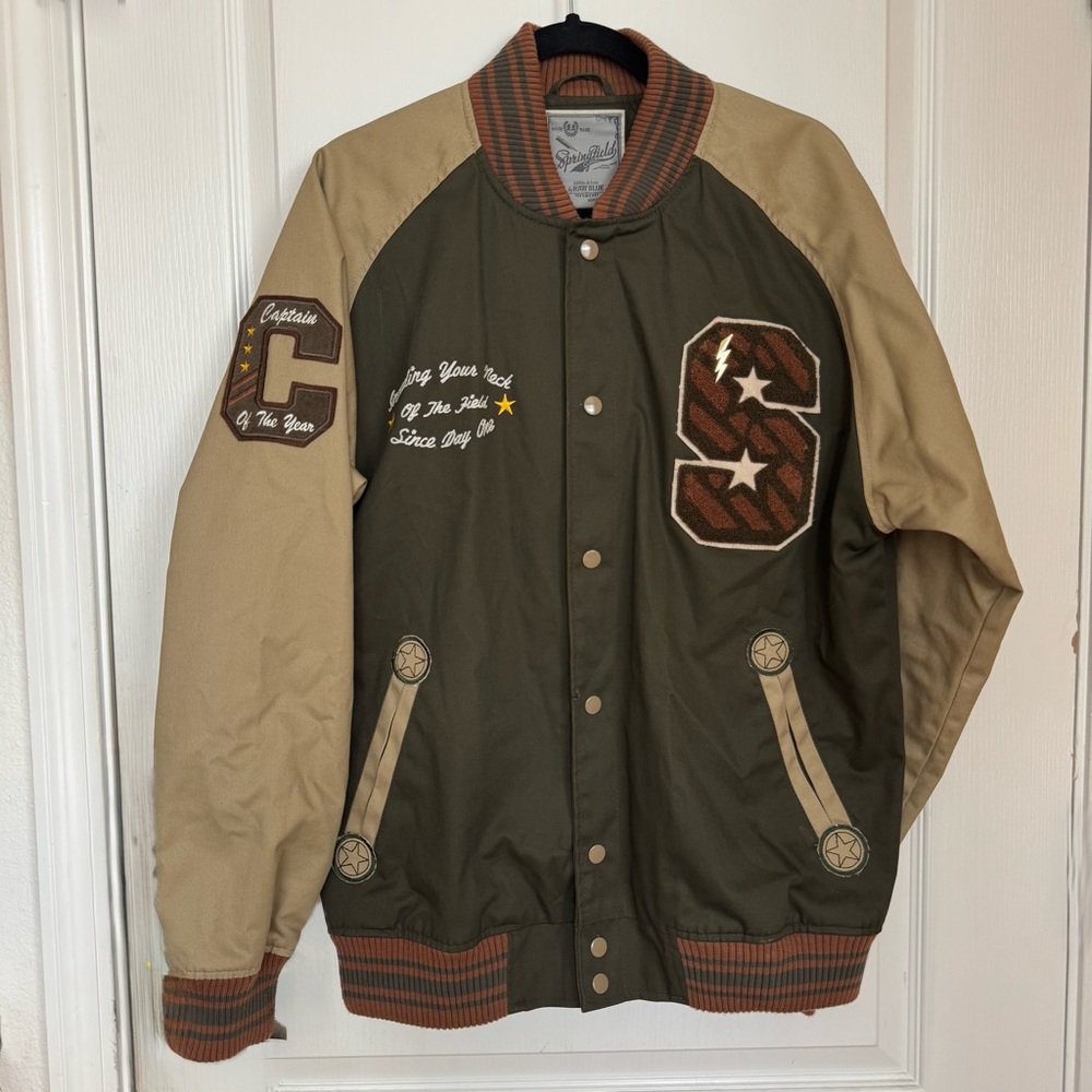 Springfield Classic Olive and Tan Varsity Jacket with Embroidered Patches
